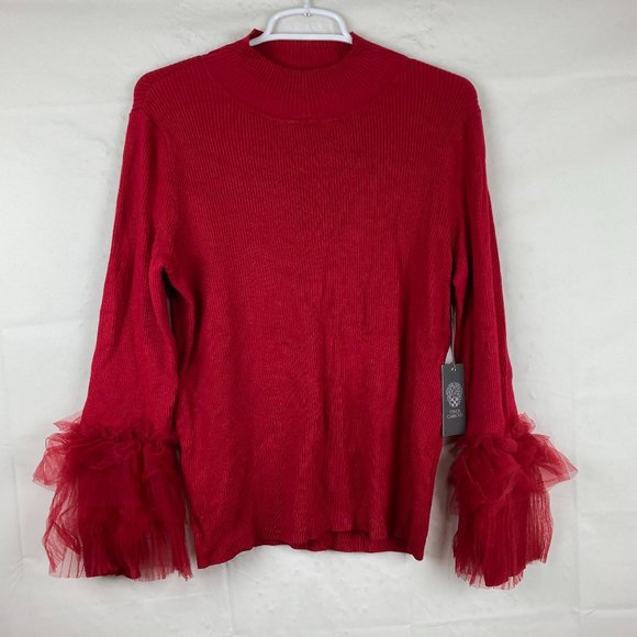 Vince Camuto Sweaters - NWT Vince Camuto Womens Sz L Red Ribbed Mock Neck Ruffled Sleeve Sweater NEW